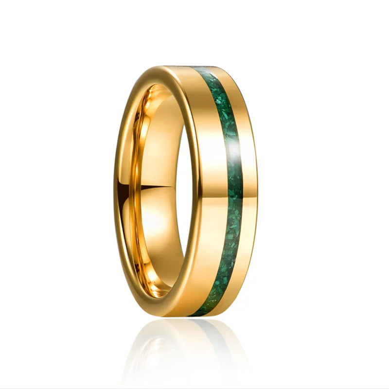 Tungsten Carbide Ring with Gold Polished Inlaid Green Opal &amp; Malachite