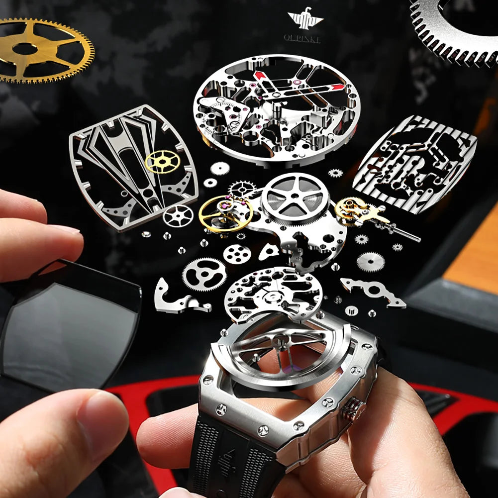 OUPINKE 3179 Automatic Watch for Men Silicone Strap Sapphire Mirror Waterproof Skeleton Mechanical Men&