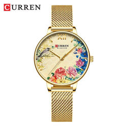 CURREN 9059 Top Brand Luxury Black Female Waterproof Clock Mesh Stainless Steel Bracelet Flower Ladies Wristwatch 9059