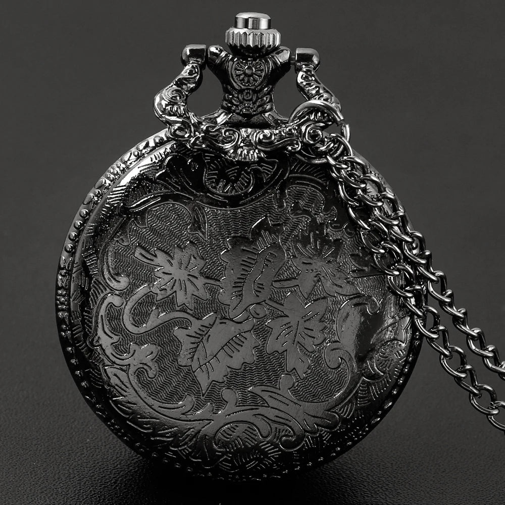 Vintage All Black Pocket Watch Tree of Life Pattern Sketch Ink Painting Dial Pockets Watch Antique Necklace Quartz fob Clock