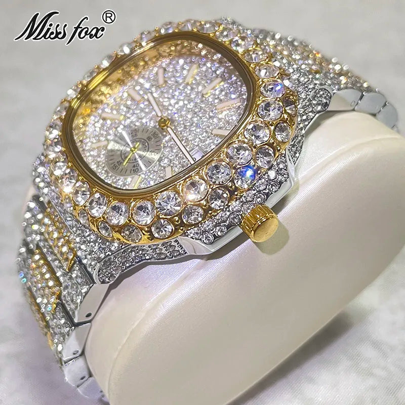 Hip Hop Brand MISSFOX Fashion Iced Out Watches Men Luxury Full Diamond 18K Gold Automatic Date Clock Steel Waterproof Watch Male