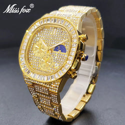 Luxury Gold Watch For Men Hip Hop Jewelry Multifunctional Moon Phase Watches Power By Battery Square Diamond Clock Droshipping