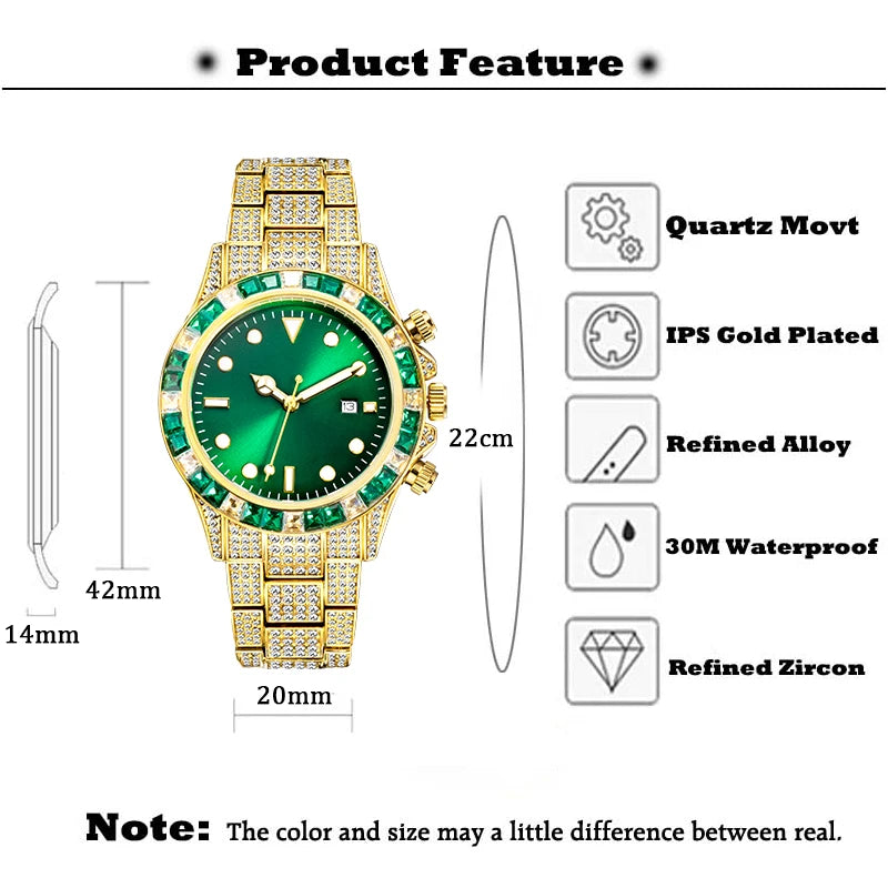 Gold Men Wristwatch Clock Diamond Iced Drop Japan Movement Quartz Watch Green Design Waterproof Alarm Clock For Man Dropshipping