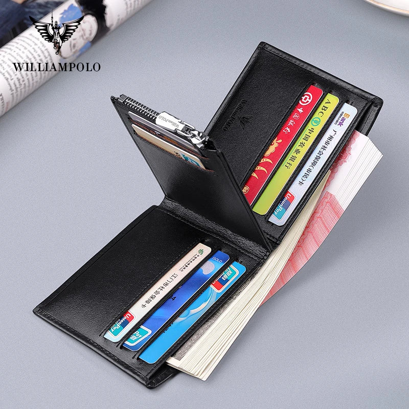 WILLIAMPOLO Men's Wallet Genuine Leather Mini Purse Casual Design Bifold Mals Wallet Luxury Brand Short Slim Wallet