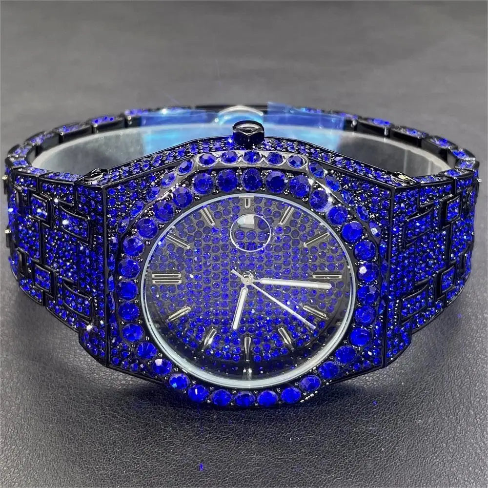 2024 Hip Hop Mens Quartz Watches MISSFOX Automatic Date Iced Wristwatch Fashion Blue Diamond Jewelry Watch For Man Free Shipping