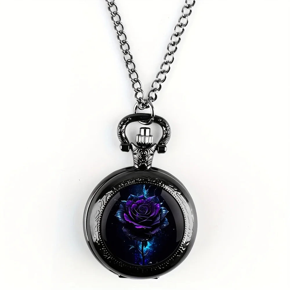 Retro Purple Rose Quartz Movement Pocket Watch,Stylish Black Necklace Chain, Classic Exquisite Design Watch Accessory For Women