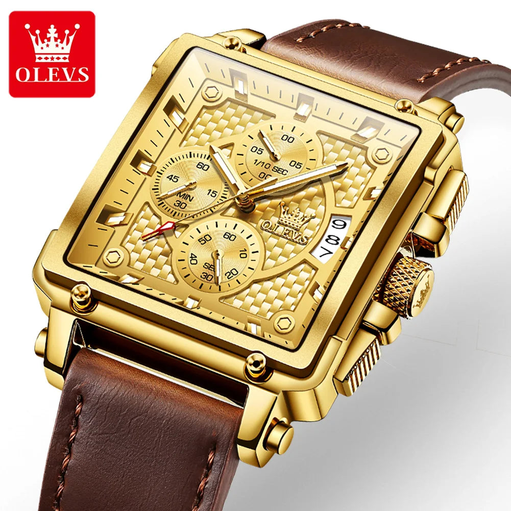 OLEVS Quartz Watch for Men Golden Square Large Dial Waterproof Leather Strap Wrist Watch Date Display Men&