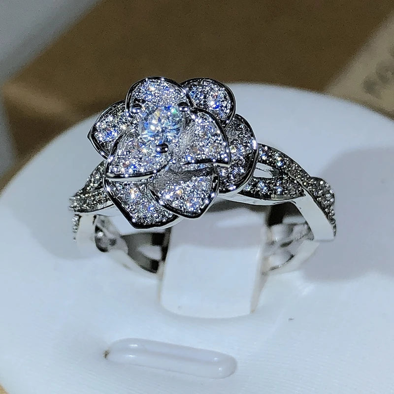 Sterling Silver Rose Ring White Zircon Full Diamond.