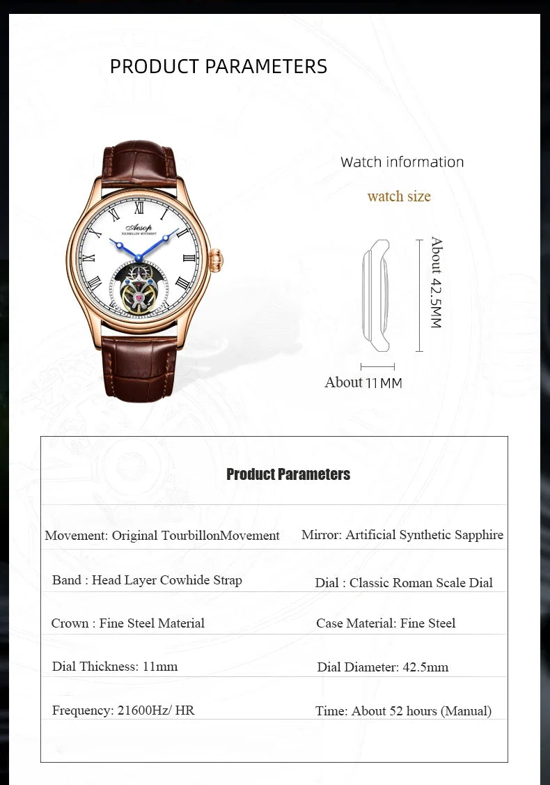 Aesop Real Flying Tourbillon Movement Mechanical Watches Luxury Watch for Men Skeleton Tourbillon Watch Sapphire Official Store