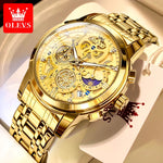 OLEVS Men's Watches Top Brand Luxury Original Waterproof Quartz Watch for Man Gold Skeleton Style 24 Hour Day Night New