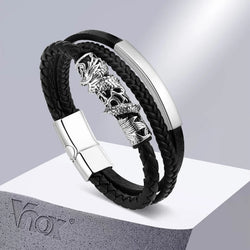 Vnox Chinese Dragon Charm Bracelets for Men Boys, Black PU Leather Bangle, Cool Ethnic Amulet Wristband Jewelry