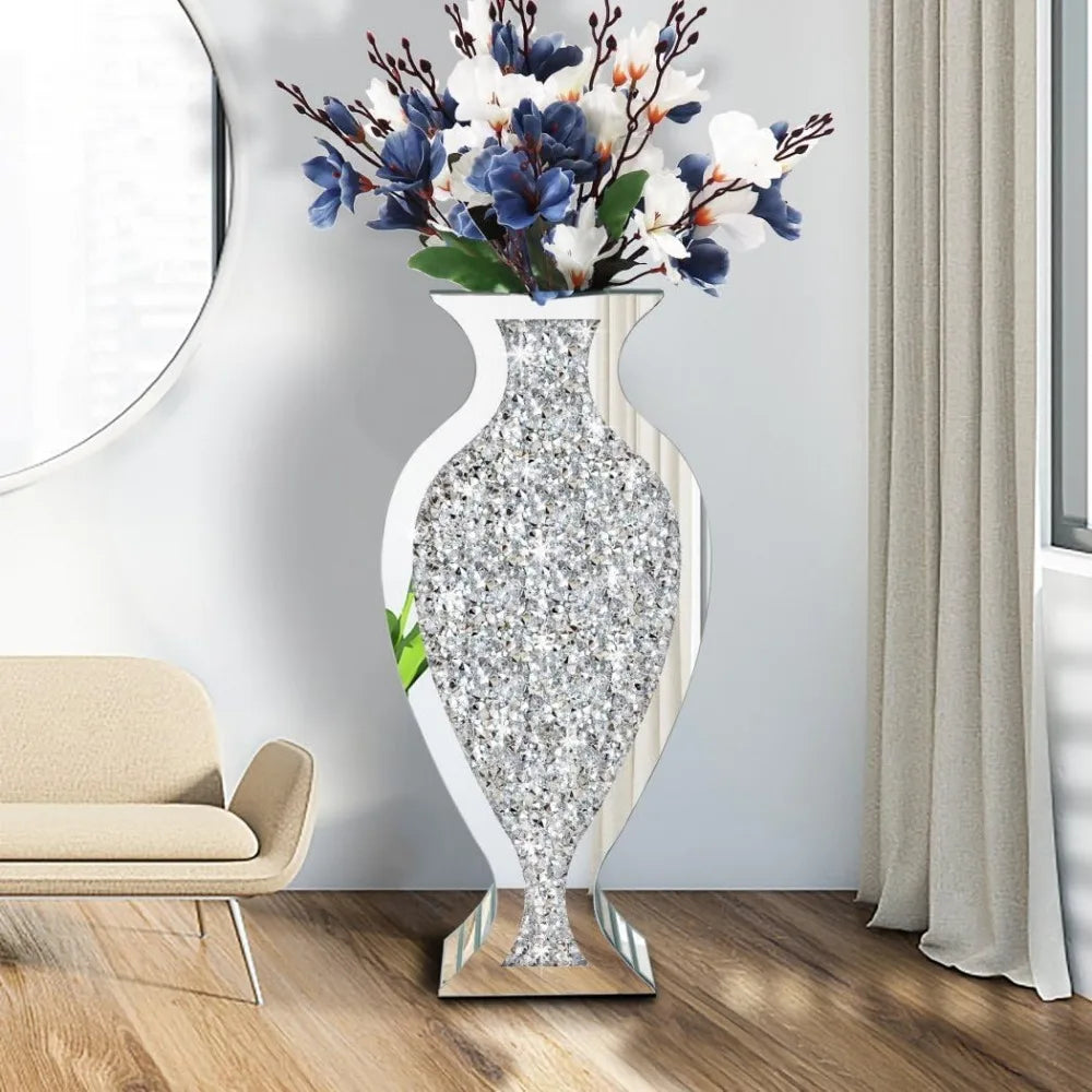 Vase Fragmented Diamond Mirror 27 "High, Crystal Silver Glass Decorative Mirror Vase Luxury Home Decoration, Large Vase