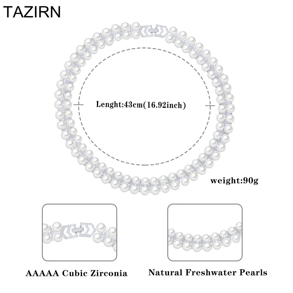 TAZIRN Arabia Dubai 5A Cubic Zirconia White Color Natural Pearls Necklace.