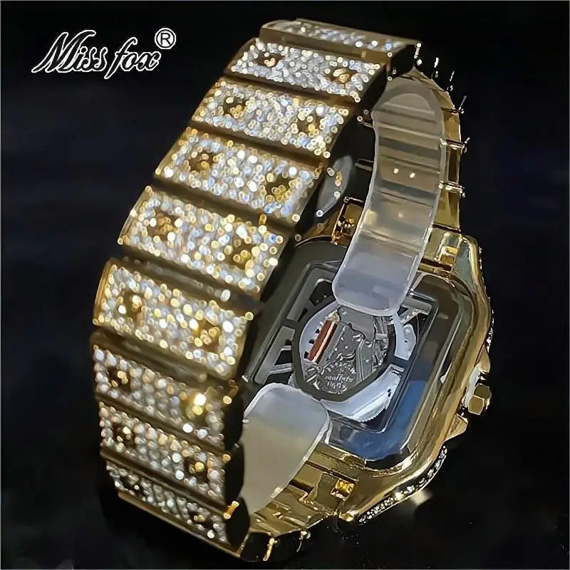 Fashion Brands MISSFOX Luxury Mens Gold Watch Hip Hop Iced Diamond Waterproof Quartz Wristwatch Man Free Shipping Rolej 2023 Hot