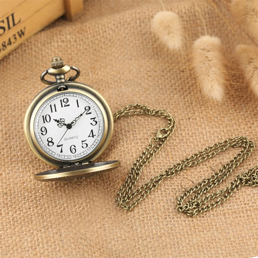 Vintage Retro Bronze Hollow Train Locomotive Steampunk Quartz Pocket Watch Women Men Necklace Pendant with Chain Birthday Gift