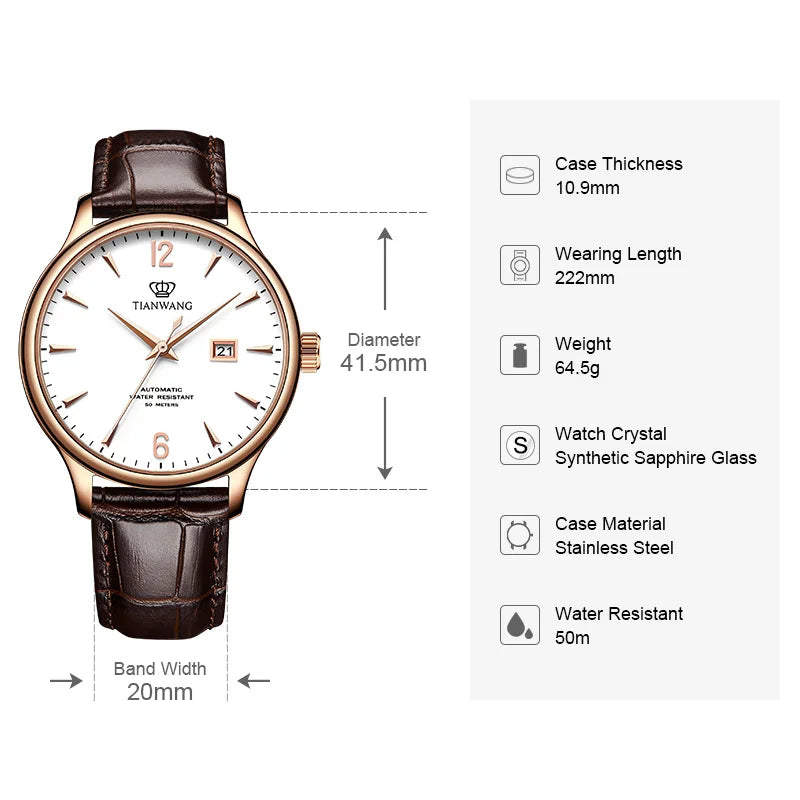 TIAN WANG Men's Watches Leather Mechanical.