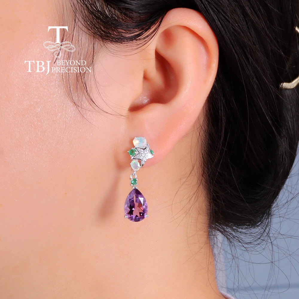 Luxury Clasp Drop Earring Natural Precious Opal,Emerald & Amethyst Gems Silver jewelry for Women Anniversary & Parties wear gift