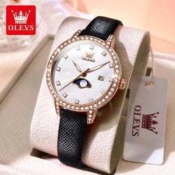 OLEVS Luxury Brand Women Watch Leather Strap Moon Phase Quartz Watch Fritillaria Dial Diamond Exquisite Gift Box Set Wristwatch