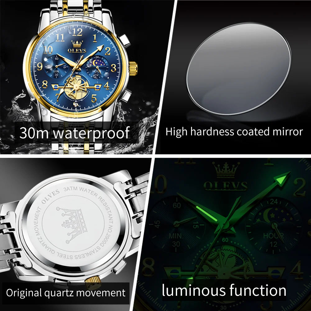 Original OLEVS Brand Quartz Watch for Men Moon Phase Auto Date Stainless Steel Waterpoof Wristwatch Men TOP Brand Business Watch