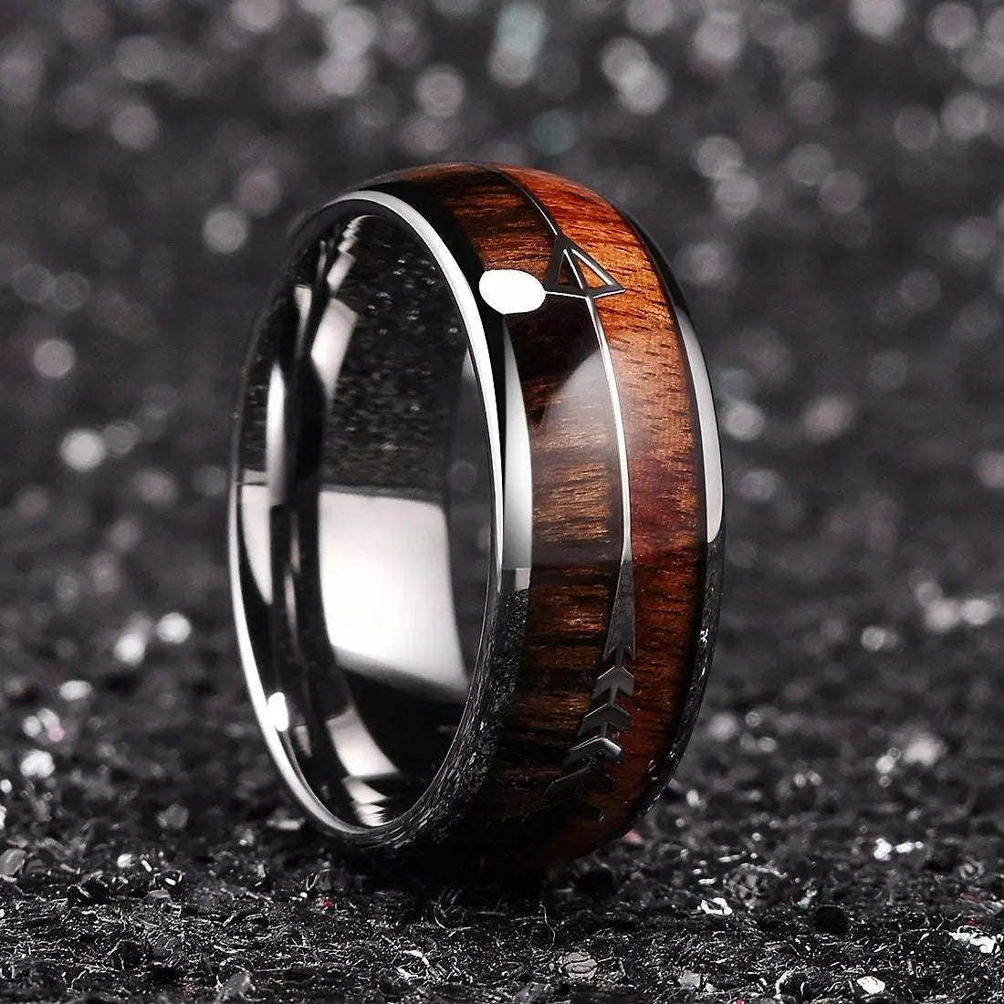 Fashion Silver Color Stainless Steel Arrow Rings for Men Women Inlaid Hawaiian Koa Wood Rings Men Wedding Band Jewelry Gifts