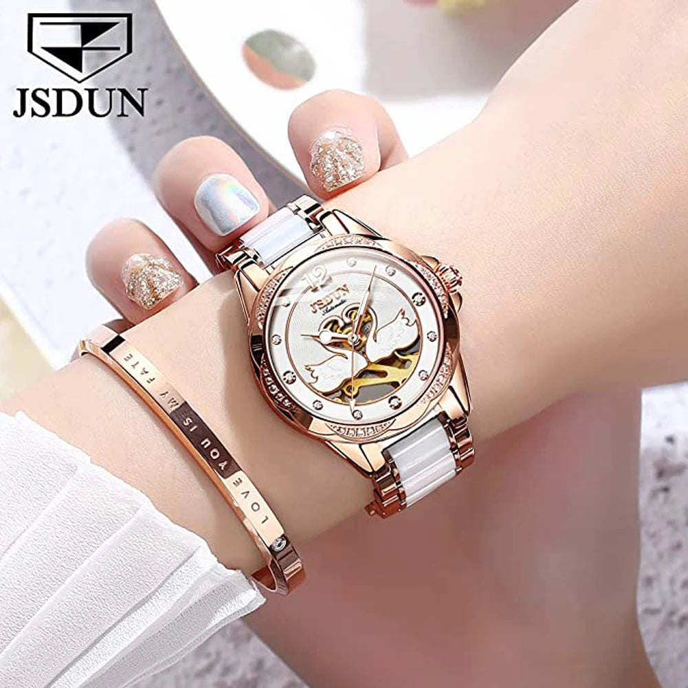 Luxury Mechanical Women Watch Love Swan Design Skeleton Elegant Ceramics Strap Waterproof  Ladies Wristwatch Girls Dress Watch