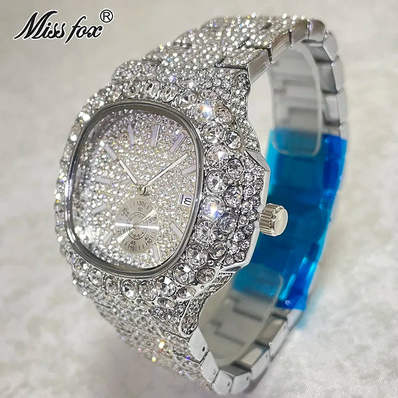 Hip Hop Brand MISSFOX Fashion Iced Out Watches Men Luxury Full Diamond 18K Gold Automatic Date Clock Steel Waterproof Watch Male