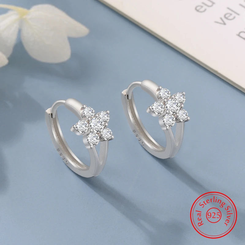 Solid 925 Sterling Silver Jewelry New Crystal Zircon Flower Hoop Earrings For Women Fashion XY0151