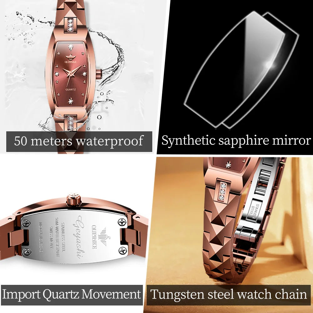 OUPINKE Luxury Brand Women Watches Tungsten Steel Strip Swiss Movement Diamond Inlay Watch for Lady Waterproof Fashion Sapphire