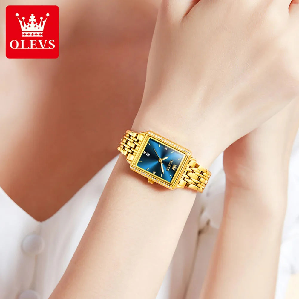 OLEVS Brand Fashion Blue Rectangle Dial Quartz Watch Women Luxury Gold Stainless Steel Strap Womens Watches Relogio Feminino