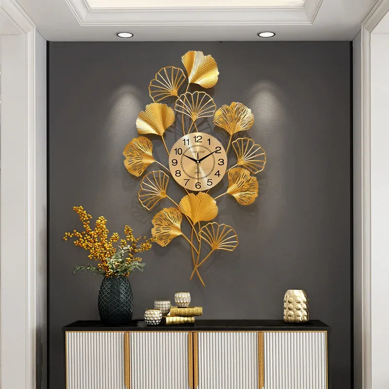 Large Wall Clock Living Room Decoration Ginkgo Wall Clocks Modern Design Metal Digital Silent Watches Gold Reloj De Pared Hierro