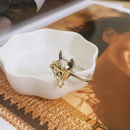 Cute Dog with Sunglasses Ring Punk French Bulldog Wearing Chain Glasses Open Finger Ring Jewelry Cool Decoration for Men Women