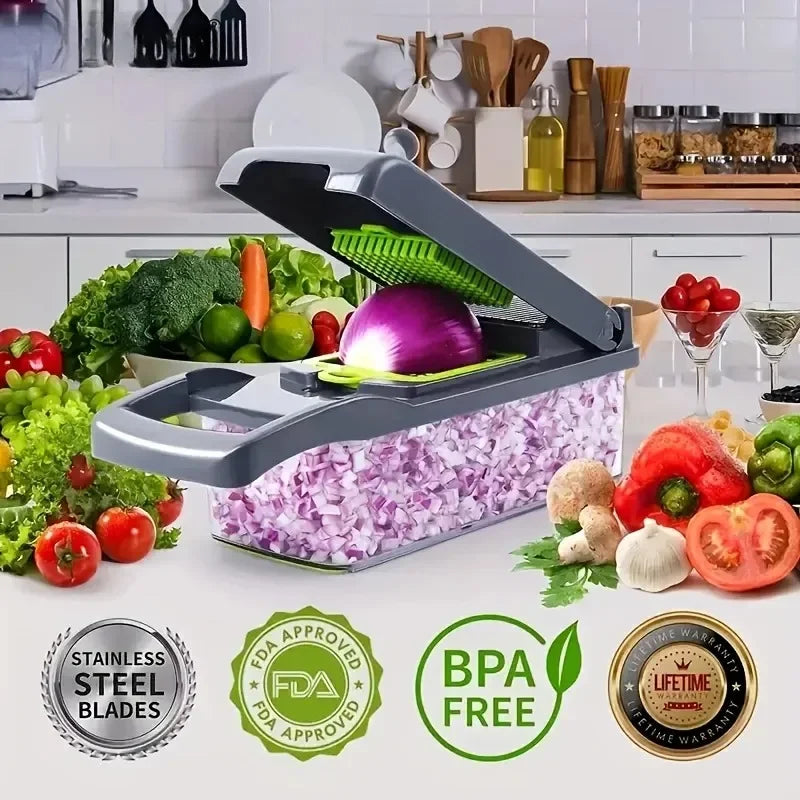 Vegetable chopper, Multi-functional chopper, Kitchen gadget, Food processor, Slicing dicer, Chopping tool, Meal prep, Kitchen accessories, Versatile chopper, Manual chopper, Vegetable slicer, Dicing blades, Cooking utensil, Easy clean, Compact design,