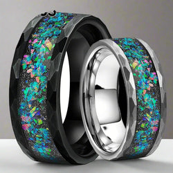 Tungsten Hammer Ring Cool Engagement Wedding Band For Men Women With Galaxy Opal Inlay