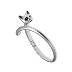 Cute Cat Matte Open Adjustable Silver Ring for Women