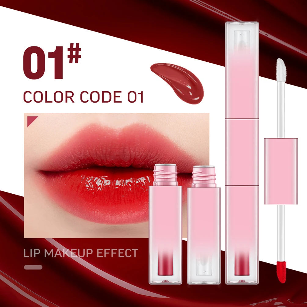 Custom 7colors Gradient Pink Tube Lipgloss Non-stick Cup Matte Waterproof 2in1 Double-head Long Lasting Hydrating Lip Oil Makeup