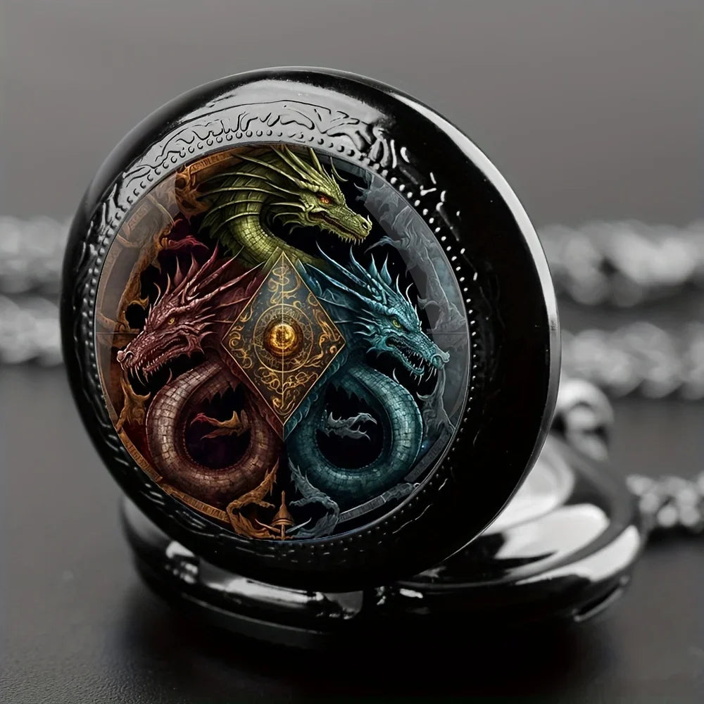 1pc Retro Dragon Quartz Pocket Watch, Cool Black Necklace Pocket Watch, Unique Pendant Clock Gift