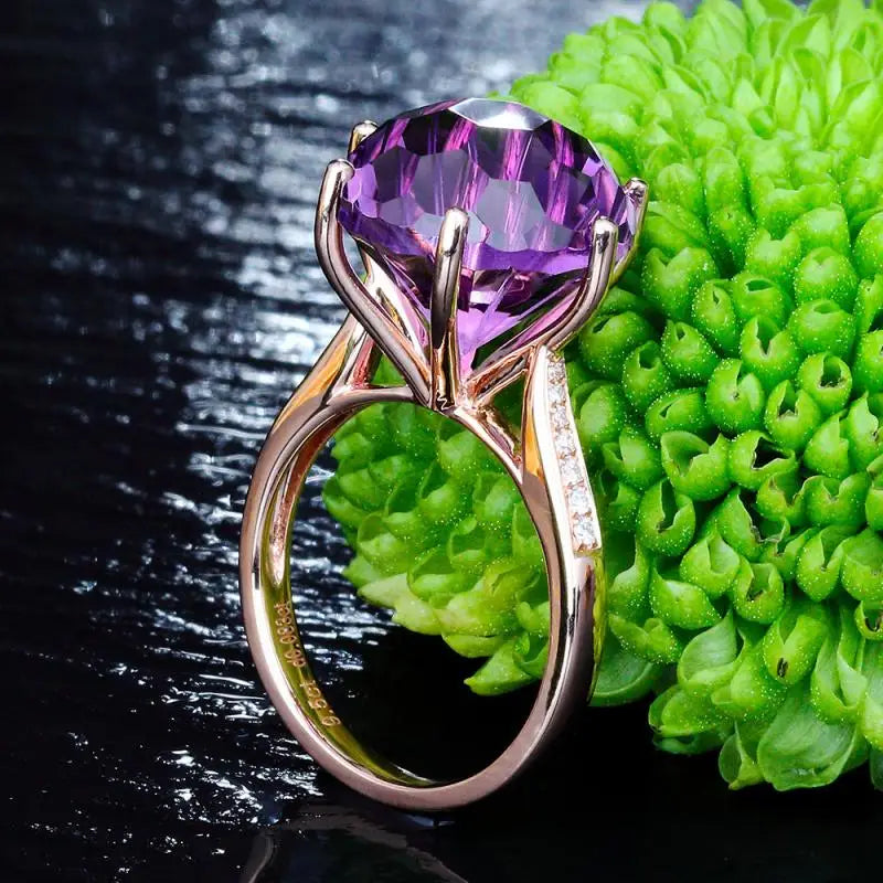 HOYON 18K Rose Gold Colorful Brazilian Natural amethyst Ring Six claw Temperament Colorful Gem Diamond Style Ring Opening Ring