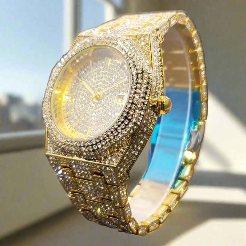 Luxury octagon gold diamond quartz watch.