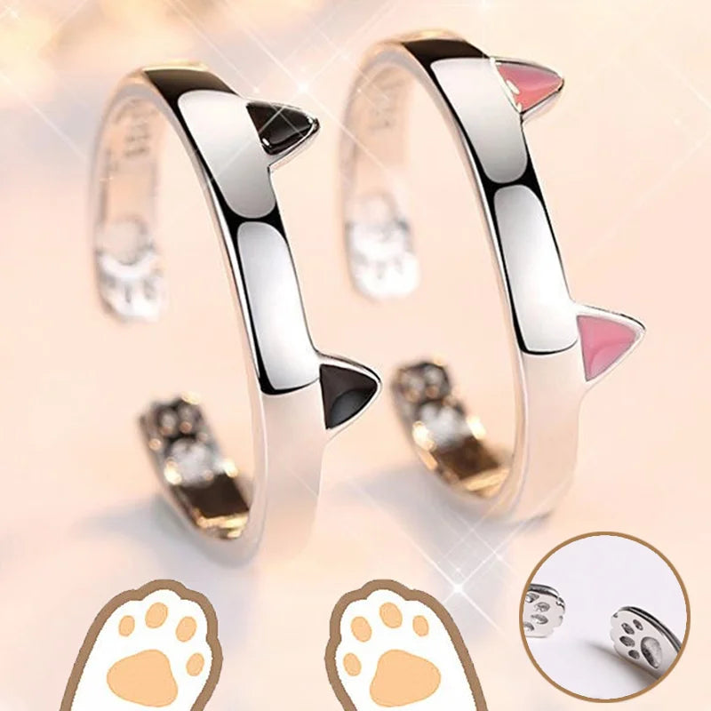 2pcs Y2K Cute Cat Paw Print Ring Women Girls Adjustable.