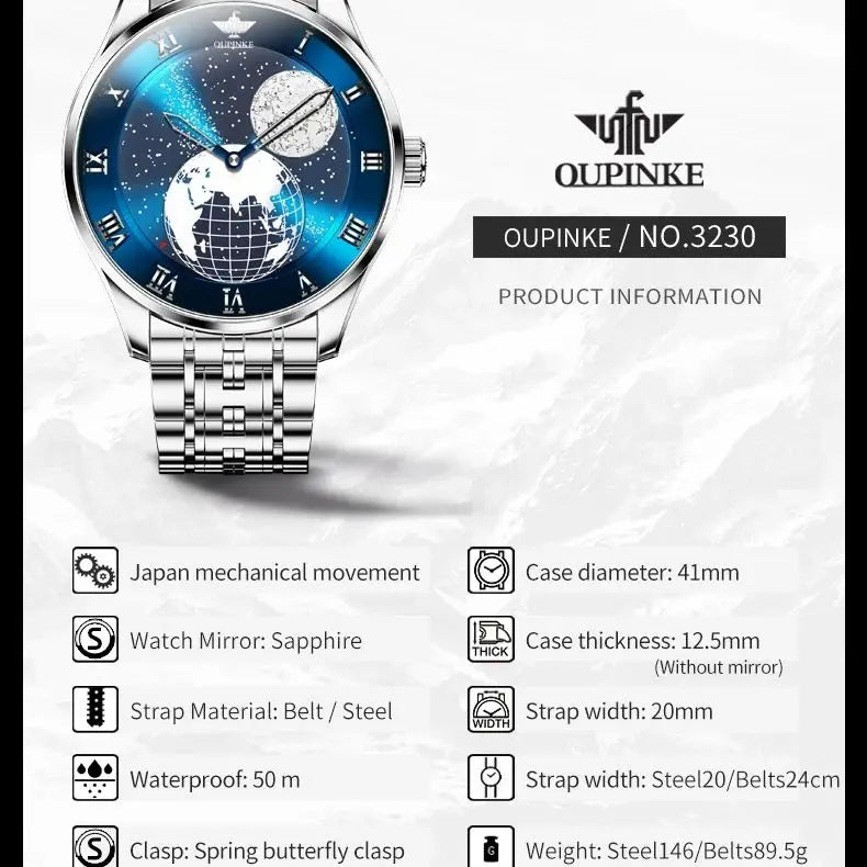 OUPINKE 3230 Men Watch Luxury 3D Earth Starry Sky Moon Phase Rotating Dial Business Waterproof Men Automatic Mechanical Watch