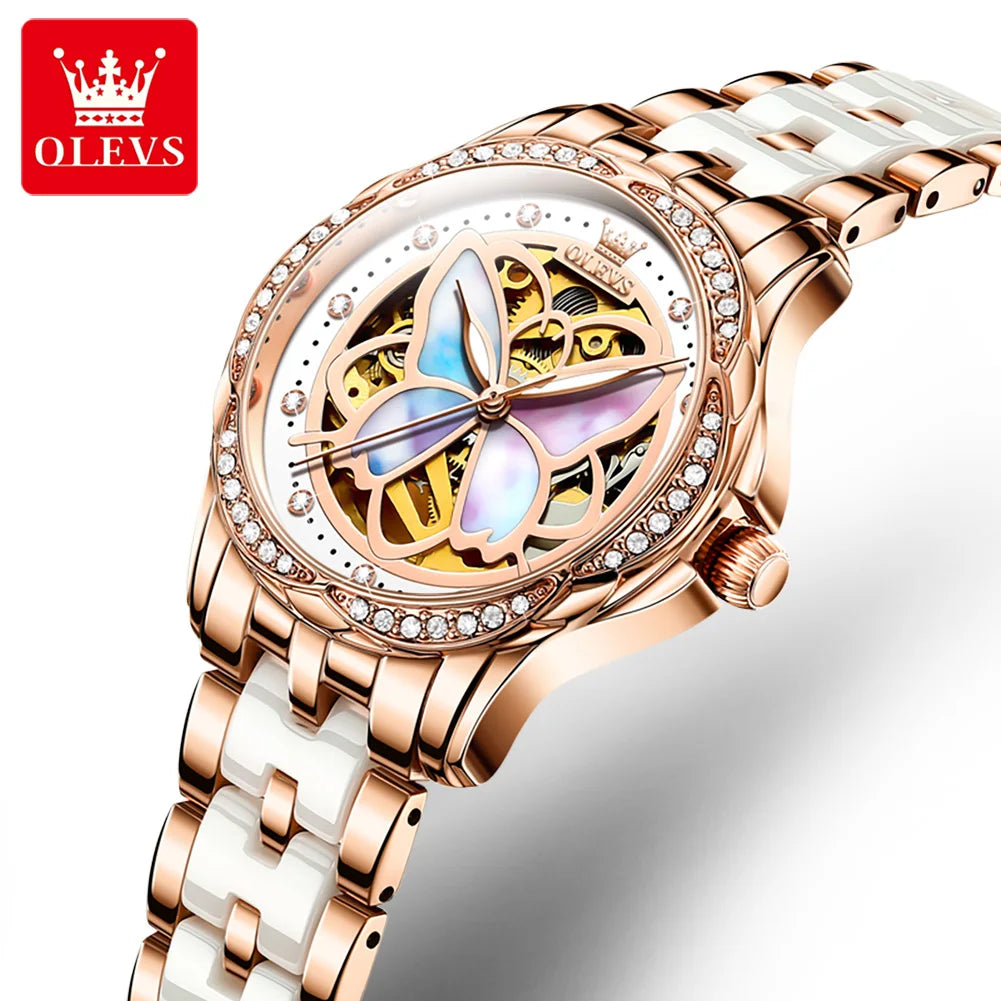 OLEVS 6615 Original Luxury Brand Women's Automatic Mechanical Watch Elegant Diamond Skeleton Ceramic Strap Women's Watch Set