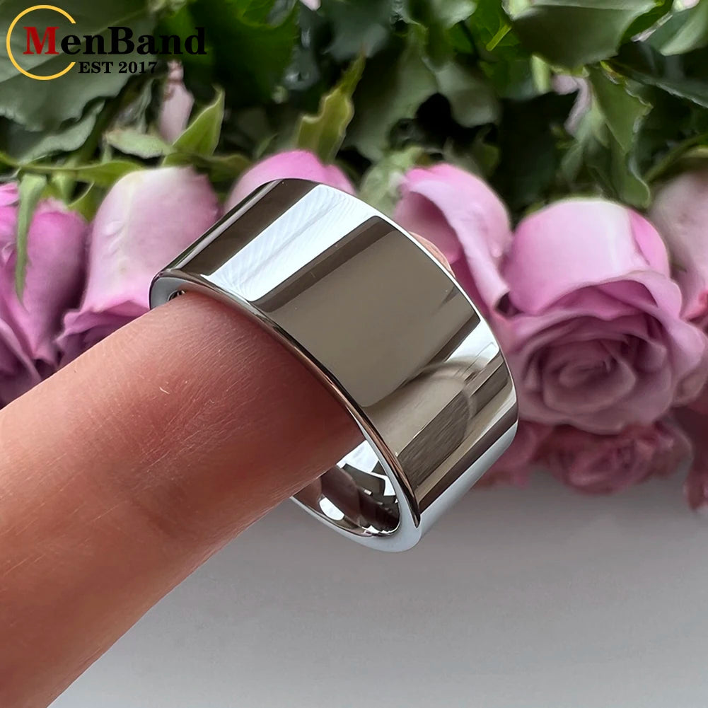 Wide Glossy Large Men's Ring Shiny Wedding Ring with Tungsten Flat Finish Design, Comfortable Fit