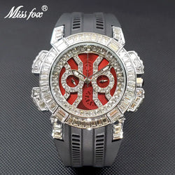 Men's Quartz Watches With Baguette Red Face Black Silcone Strap Dual Dial Watch For Man Unique Special Cool Iced Clock Dropship