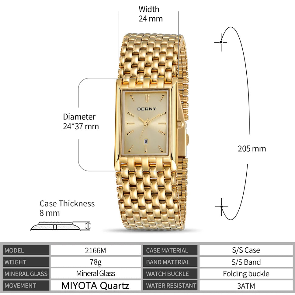 Japan MIYOTA Quartz Men Watch Golden Luxury Rectangle Men's Wristwatch Tank Solid Stainless Steel Watch For Men Waterproof 3ATM