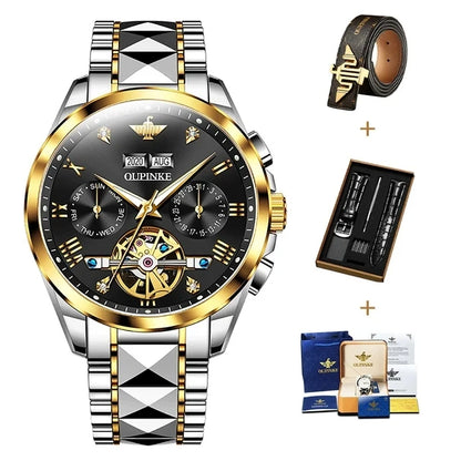 OUPINKE 3186 High Quality Luxury Skeleton Flywheel Automatic Watch for Men 5Bar Waterproof Dual Calendar Brand Men&