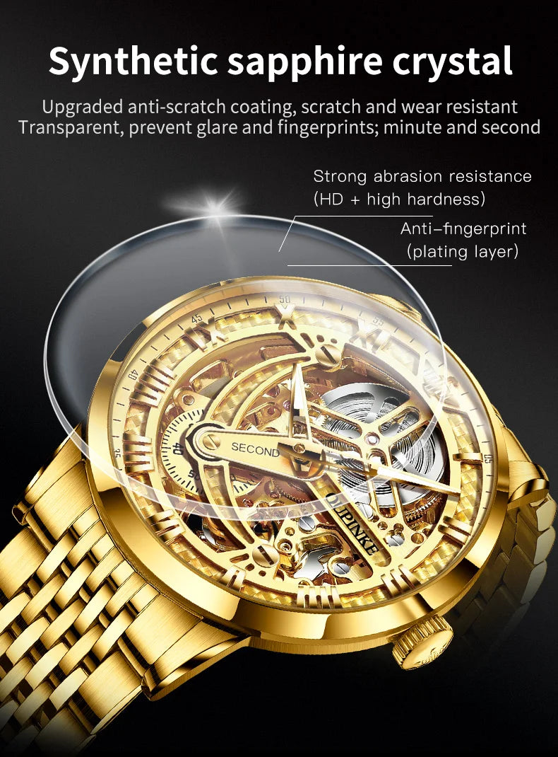 OUPINKE Men Watches Luxury Automatic Mechanical Self Winding Skeleton 5ATM Waterproof Sapphire and Tungsten Steel Wrist Watch