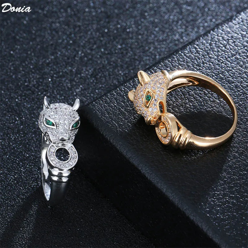 animal ring Leopard head micro-inlaid.