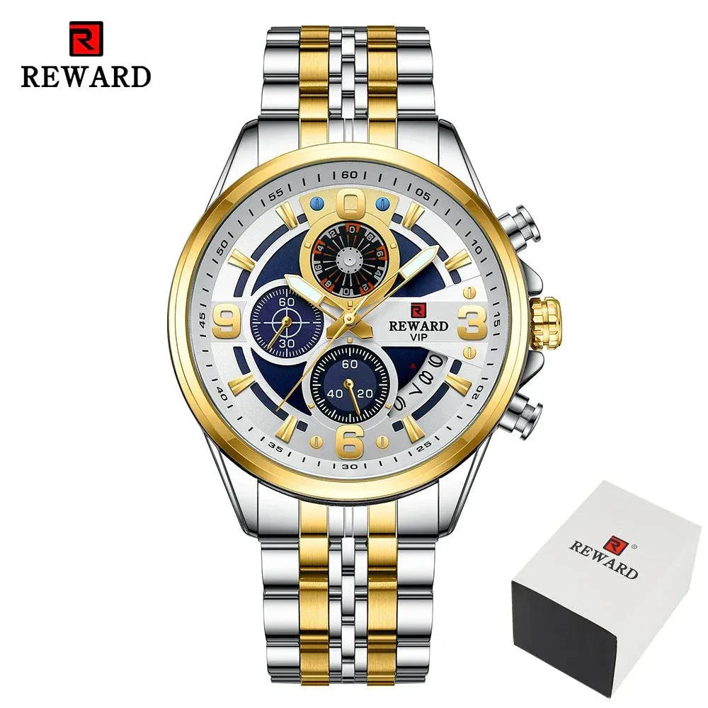 REWARD New Mens Watches Stainless Steel Luxury Waterproof Chronograph