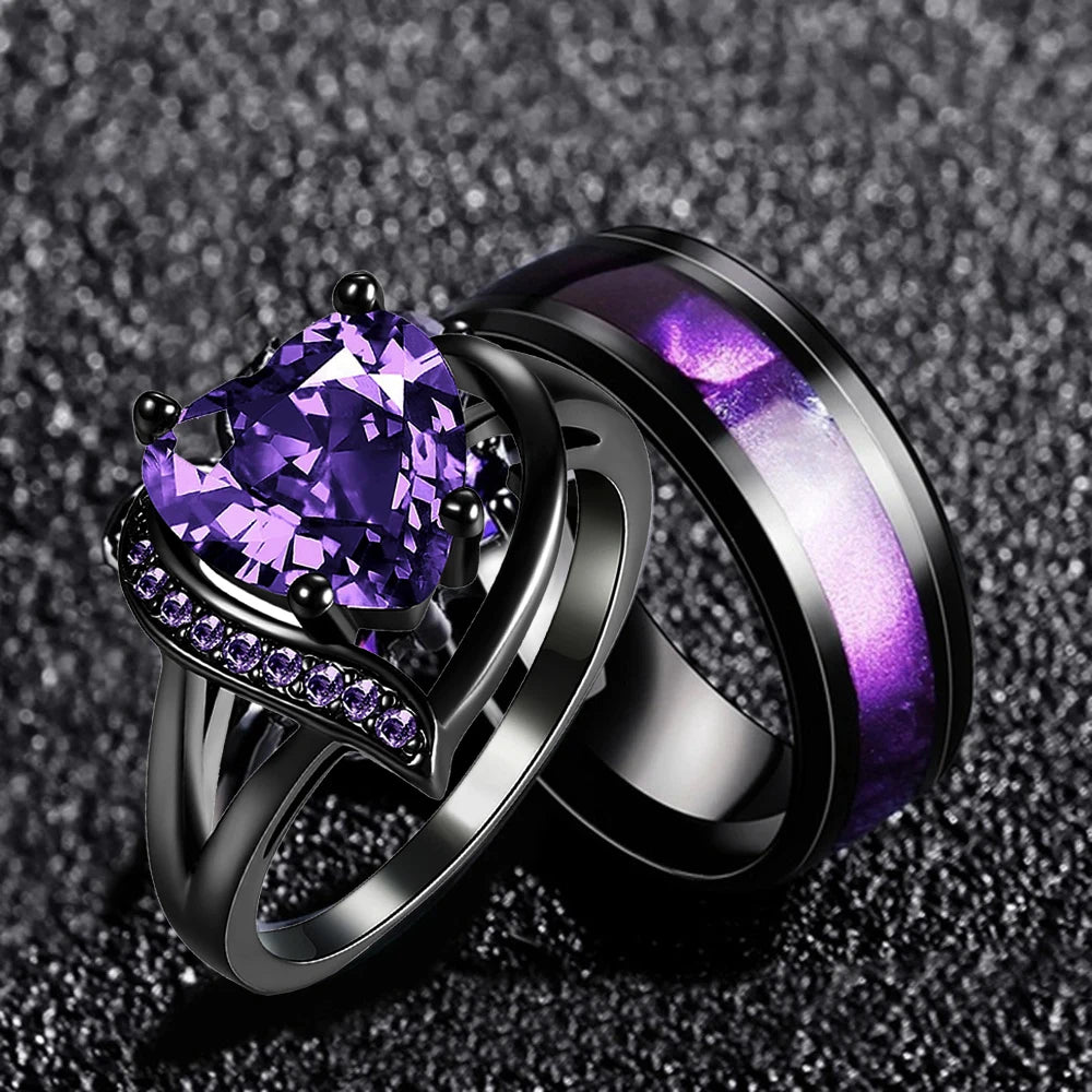 Fashion Couple Rings Romantic Women Heart Purple.