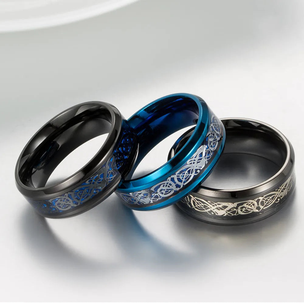 Dragon Black Tungsten Wedding Ring Set For Men Stainless Steel Inlaid Blue Carbon Fiber Band Ring Bague Homme